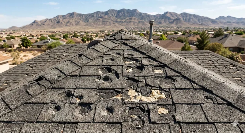 Hail damaged roof in El Paso with Franklin Mountains in background